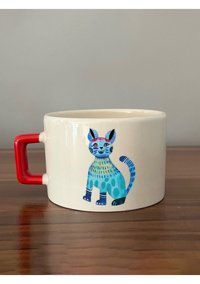Mor Mürekkep Mavi Kedi Baskılı Kırmızı Kulplu C Kupa