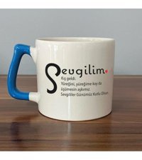 Mor Mürekkep Sevgilim Baskılı Mavi Kulplu D Kupa