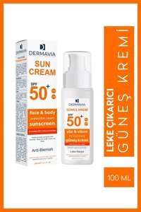 Dermavia 50 Faktör Tüm Ciltler İçin Leke Karşıtı Nemlendirici Suya Dayanıklı Yüz ve Vücut Güneş Kremi 100 ml