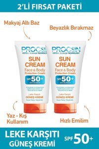 Procsın Renkli 50 Faktör İçin Leke Karşıtı Nemlendirici Yaşlanma Karşıtı Yağsız Suya Dayanıklı Yüz ve Vücut Güneş Kremi 2x50 ml