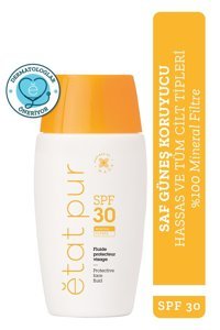 Etat Pur Protective Mineral Fluid 30 Faktör İçin Leke Karşıtı Nemlendirici Yaşlanma Karşıtı Yağsız Suya Dayanıklı Yüz ve Vücut Güneş Kremi 40 ml