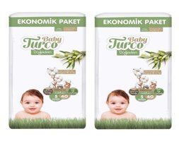 Baby Turco Ekonomik Paket 5 Numara Organik Cırtlı Bebek Bezi 2x40 Adet