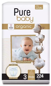 Pure Baby Midi 3 Numara Organik Cırtlı Bebek Bezi 224 Adet