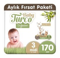 Baby Turco Midi Aylık Fırsat Paketi 3 Numara Organik Bantlı Bebek Bezi 170 Adet