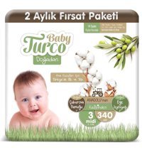 Baby Turco Doğadan 2 Aylık Fırsat Paketi 3 Numara Organik Cırtlı Bebek Bezi 340 Adet
