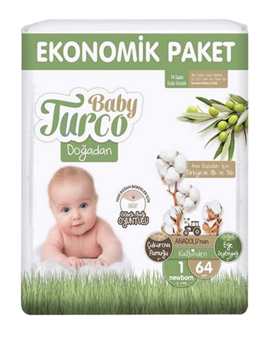 Baby Turco Ekonomik Paket 1 Numara Organik Bantlı Bebek Bezi 64 Adet