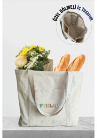 Vatkalimon % 100 Pamuk Kanvas Bölmeli Bez Tote Bag Kadın Omuz Çantası Bej