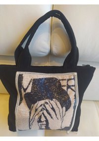 Otay Bag El Yapımı Şapkalı Adam Desenli Kot Kadın Omuz Çantası Siyah