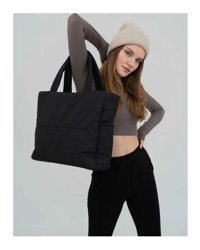 Tanözel Kabartmalı Puf Kumaş Shopper Kadın Omuz Çantası Siyah