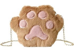 Happyplanet KkOi Kız Öğrenci Sevimli Peluş Kedi Pençesi Kadın Omuz Çantası Kahverengi