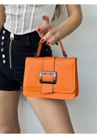 Takmoda Yılan Derisi Desen Tokalı Kadın Omuz Çantası Turuncu