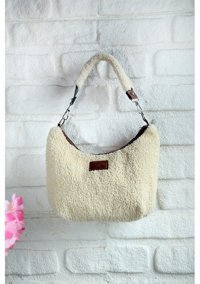 Valu Accessorize Kürklü Peluş Oval Kadın Omuz Çantası Bej