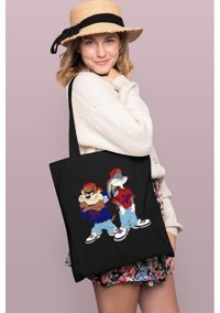 Brz Collection Bugs Ve Tazmanga Tote Bag Gabardin Kadın Omuz Çantası Siyah