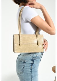 Valu Accessorize Kroko Desenli Kapaklı Baget Krem Kadın Omuz Çantası Krem