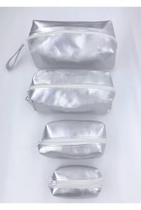 Moon Shoppıng Matruşka Gümüş Düz Suni Deri 4 Boy Seyahat Makyaj Çantası Seti