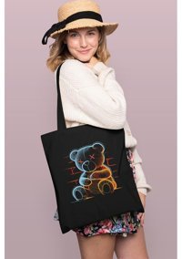 Brz Collection Neon Teddy Bear Tote Bag Gabardin Kadın Omuz Çantası Siyah