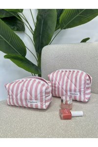 Punchiess Beyaz-Pembe Çizgili Kumaş Büyük Boy Seyahat Makyaj Çantası