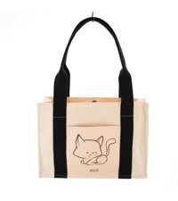 Miaju Kedi Desenli Deri Cepli Kanvas Kadın Omuz Çantası Krem