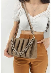 Çlk Accessories Zincirli Nubuk Büzgü Deri Tr12180 Kadın Omuz Çantası Vizon