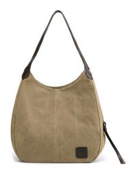 Hallow Kanvas Çok Cepli Vintage Tote Haki Kadın Omuz Çantası Haki