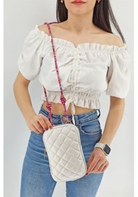 Çlk Accessories Renkli İp Kapitone luk Trry079 Kadın Omuz Çantası Beyaz