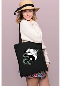 Brz Collection Ying Yang Snake And Crane Tote Bag Gabardin Kadın Omuz Çantası Siyah
