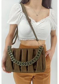Çlk Accessories Zincirli Nubuk Büzgü Deri Tr12180 Kadın Omuz Çantası Yeşil