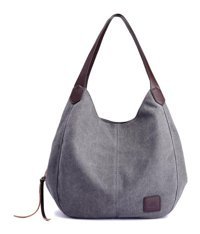 Hallow Kanvas Çok Cepli Vintage Tote Kadın Omuz Çantası Gri