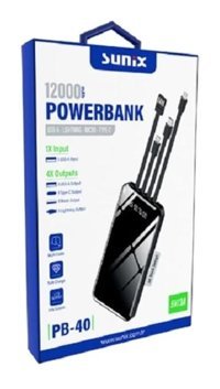 Sunix Pb 40 12000 mAh Hızlı Şarj Micro Lightning - Type C - USB Powerbank Siyah