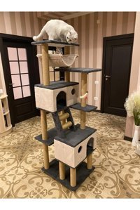 Pethomealpi Oturaklı Oyuncaklı Merdivenli Katlı 175 cm Kedi Tırmalama Evi
