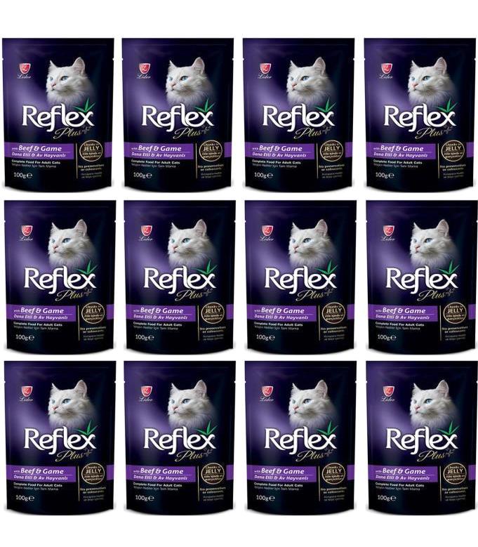 Reflex Plus Kuzu Eti Jöleli Parça Etli Yetişkin Yaş Kedi Maması 12x100 gr
