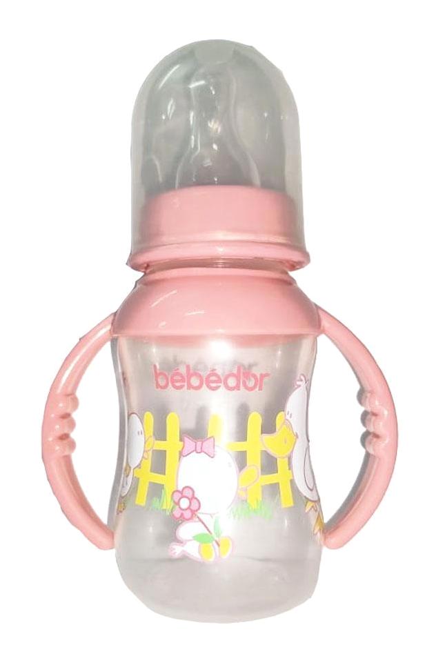 Bebedor Silikon Yenidoğan Yavaş Akışlı Kulplu 0+ Ay Desenli Pembe Biberon 125 ml