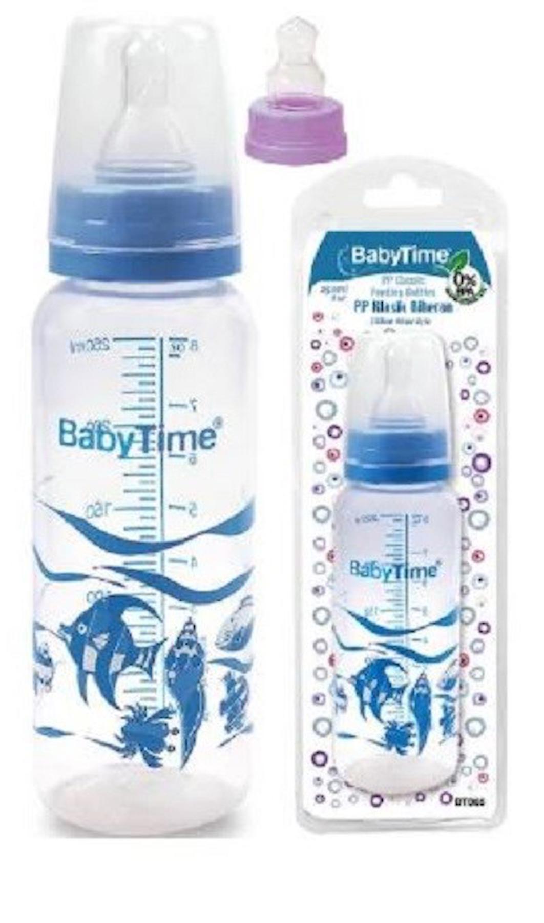Baby Time Silikon Yenidoğan Yavaş Akışlı 0-6 Ay Desenli Mavi Biberon 250 ml