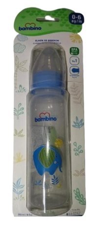 Bambino Silikon Yenidoğan Yavaş Akışlı 0-6 Ay Desenli Mavi Biberon 250 ml
