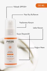 Pycos Cosmetics 50 Faktör Tüm Ciltler İçin Leke Karşıtı Nemlendirici Suya Dayanıklı Yüz ve Vücut Güneş Kremi 50 ml