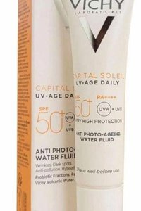 Vichy Soleil 50 Faktör Tüm Ciltler İçin Leke Karşıtı Nemlendirici Yaşlanma Karşıtı Yağsız Suya Dayanıklı Yüz ve Vücut Güneş Kremi 50 ml