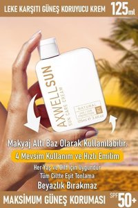 Axwell Sun Care 50 Faktör Tüm Ciltler İçin Leke Karşıtı Nemlendirici Yağsız Suya Dayanıklı Yüz ve Vücut Güneş Kremi 125 ml