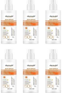 Dermokil Sun Sprey 50 Faktör Hassas Ciltler İçin Leke Karşıtı Nemlendirici Yağsız Suya Dayanıklı Yüz ve Vücut Güneş Kremi 6x200 ml