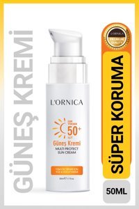 Lornica 50 Faktör Tüm Ciltler İçin Leke Karşıtı Nemlendirici Suya Dayanıklı Yüz ve Vücut Güneş Kremi 50 ml