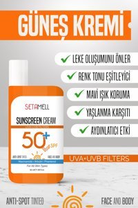 Setamell Sun Care 50 Faktör Tüm Ciltler İçin Leke Karşıtı Nemlendirici Yağsız Suya Dayanıklı Yüz ve Vücut Güneş Kremi 50 ml