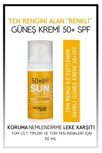 Monche Sun Renkli 50 Faktör Tüm Ciltler İçin Leke Karşıtı Nemlendirici Yağsız Suya Dayanıklı Yüz ve Vücut Güneş Kremi 50 ml