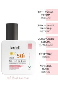 Reshell Pink Touch Sun Cream Renkli 50 Faktör Tüm Ciltler İçin Leke Karşıtı Nemlendirici Yaşlanma Karşıtı Aydınlatıcı Kapatıcılı Yağsız Suya Dayanıklı Yüz Güneş Kremi 100 ml