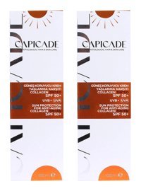 Capicade Renkli 50 Faktör Tüm Ciltler İçin Leke Karşıtı Nemlendirici Yaşlanma Karşıtı Yağsız Suya Dayanıklı Yüz ve Vücut Güneş Kremi 2x100 ml