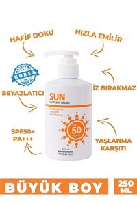 Foodaholic Sun 50 Faktör Tüm Ciltler İçin Leke Karşıtı Nemlendirici Yağsız Suya Dayanıklı Yüz ve Vücut Güneş Kremi 250 ml