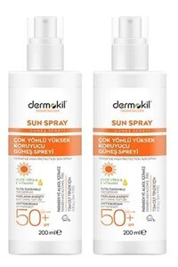 Dermokil Sun Spray 50 Faktör Hassas Ciltler İçin Leke Karşıtı Yağsız Suya Dayanıklı Yüz ve Vücut Güneş Kremi 2x200 ml
