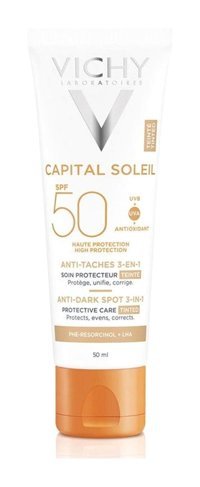 Vichy Soleil Renkli 50 Faktör Tüm Ciltler İçin Leke Karşıtı Nemlendirici Yağsız Suya Dayanıklı Yüz Güneş Kremi 50 ml