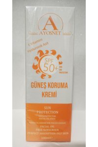 Ayosnet 50 Faktör Tüm Ciltler İçin Leke Karşıtı Nemlendirici Yağsız Suya Dayanıklı Yüz ve Vücut Güneş Kremi 50 ml