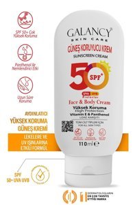 Galancy 50 Faktör Tüm Ciltler İçin Leke Karşıtı Nemlendirici Yağsız Suya Dayanıklı Yüz ve Vücut Güneş Kremi 50 ml