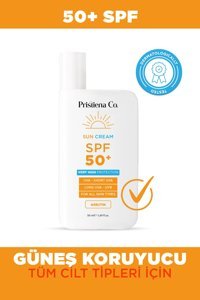Pristiena Co. Arbutinli 50 Faktör Tüm Ciltler İçin Nemlendirici Suya Dayanıklı Yüz ve Vücut Güneş Kremi 50 ml
