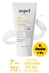 Aspel 50 Faktör Tüm Ciltler İçin Leke Karşıtı Nemlendirici Yağsız Suya Dayanıklı Yüz ve Vücut Güneş Kremi 50 ml